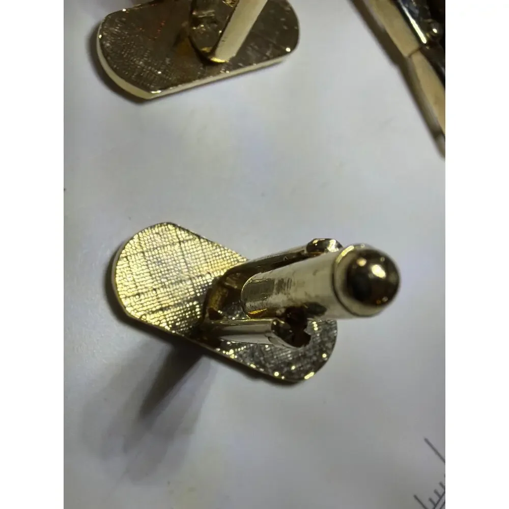 Vintage Gold Tone Tie Bar Cufflinks Set Clear Stone Men's Formal Jewelry Box